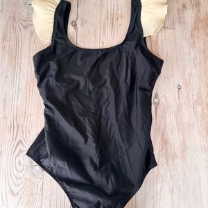 Sleeper size medium Black Swimsuit with Cream Ruffle Straps